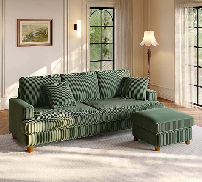 Welzona 87.2" Couches for Living Room, Comfy L Shaped Couch Green 7.5" Thicker Cushion, Sofas for Living Room Tool-Free Setup, Loveseat with Ottoman 848lbs Support, Corduroy Couch for Bedroom, Office