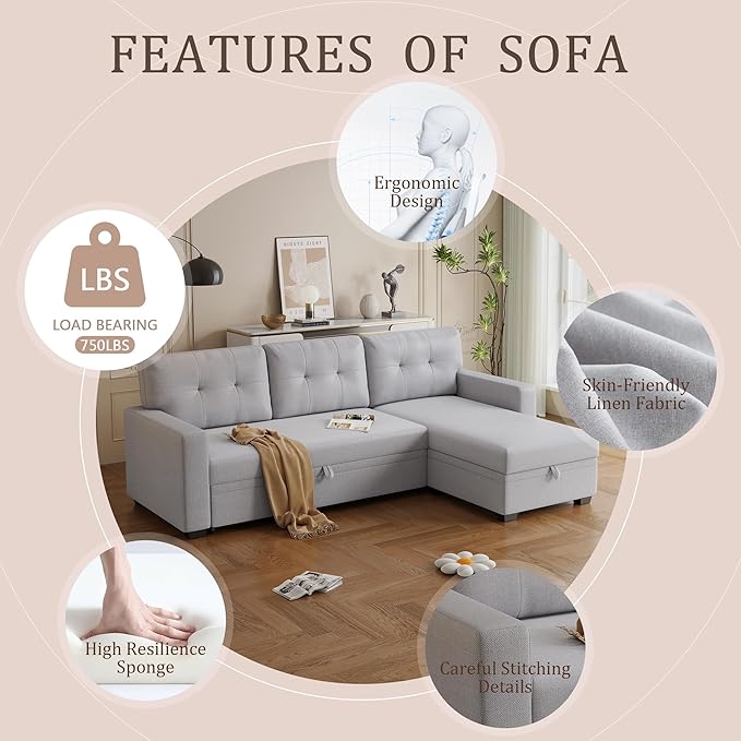 82" L-Shape Convertible Sleeper Sectional Sofa with Storage Chaise and Pull-Out Bed,Modular Corner Couch Lounge,w/Removable 3 Back Cushions and Armrest,for Home Furniture,Light Gray