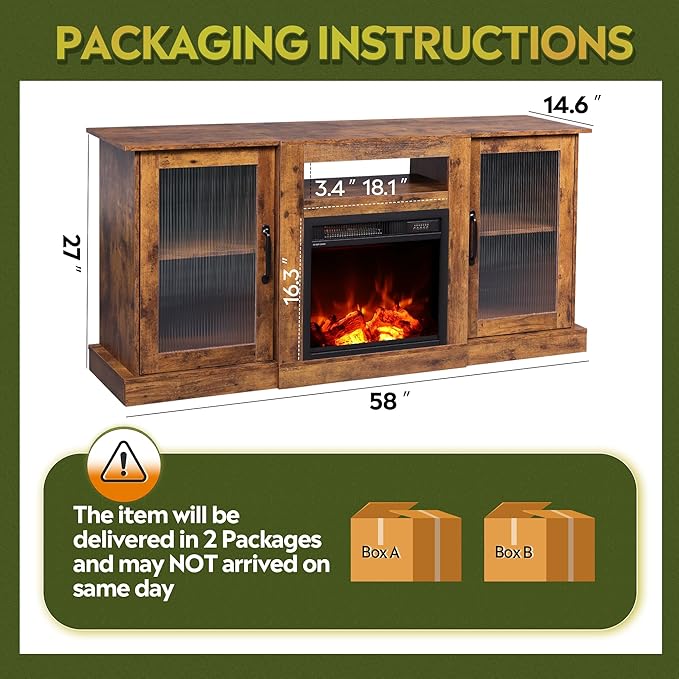 WLIVE Fireplace TV Stand for 65" TV, Entertainment Center with 3D Realistic Flame Electric Fireplace, TV Console with Open Shelves for Living Room, Rustic Brown