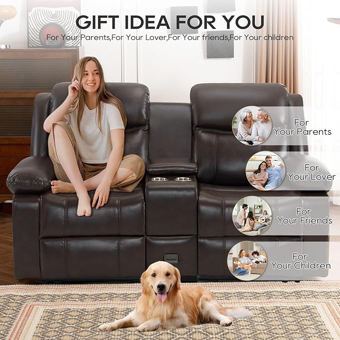 Recliner Sofa, Reclining Loveseat Sofa with Massage & Heat, Reclining Couch with Side Pockets, Extra Storage, Cup Holders for Living Room