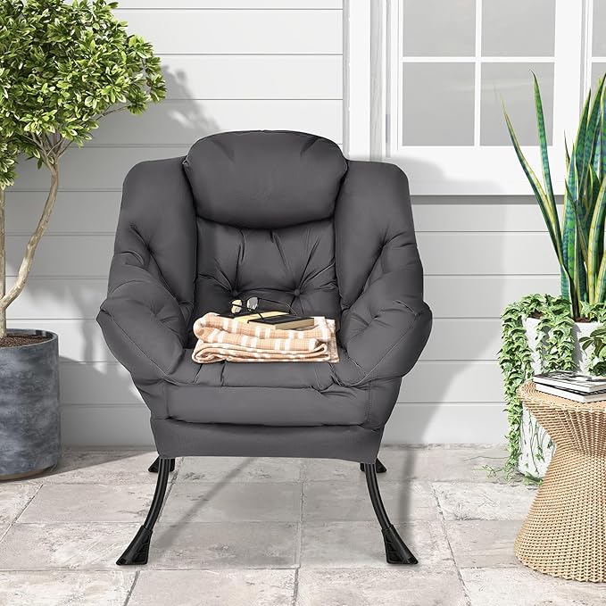 KOMFOTT Modern Accent Chair, Soft Upholstered Lazy Sofa with Side Pocket & Armrests, Single Sofa Armchair, Leisure Sofa Chair for Living Room, Bedroom, Gray