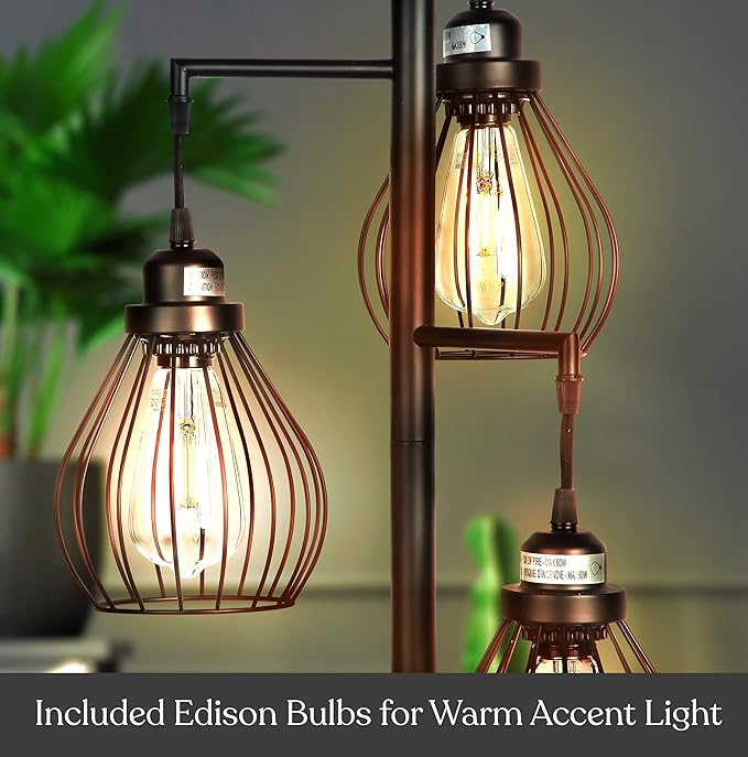 Brightech Teardrop - Modern LED Floor Lamp for Bedroom, Office, Living Room – Tall Industrial Standing Tree Lamp with 3 Elegant Cage Lamp Shades, Bright Edison Bulbs – Black