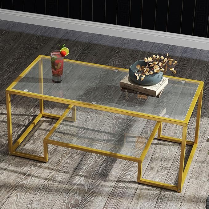 42" Rectangular Glass Coffee Table for Living Room, 2-Tier Center Tea Table with Metal Frame for Small Space, Apartment, Office (Gold)