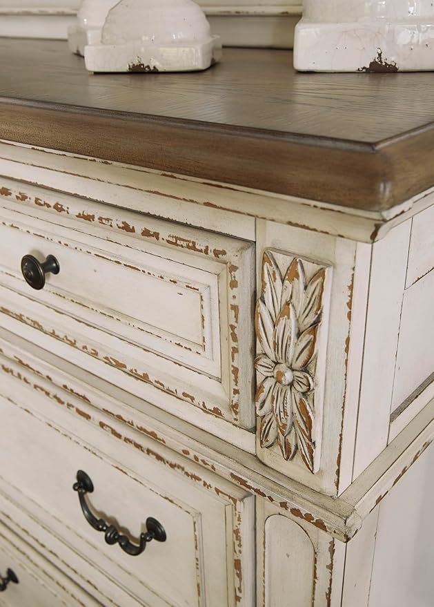 Signature Design by Ashley Realyn Vintage Smooth-Gliding 7-Drawer Dresser and Mirror with Safety Stop, White & Light Brown