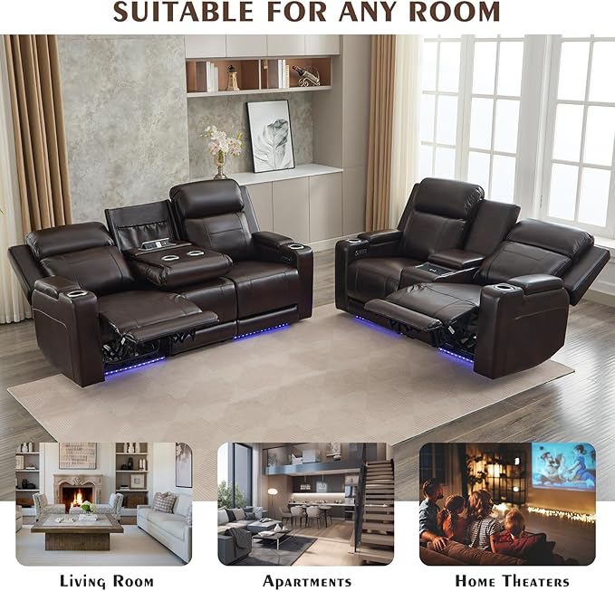 Netpane Power Reclining Sofa Set with LED/Adjustable Headrest, Power Recliner Sofa and Loveseat Set with Wireless Charger/Armrest Storage Console for Living Room/HomeTheater Seating (Brown&Black)
