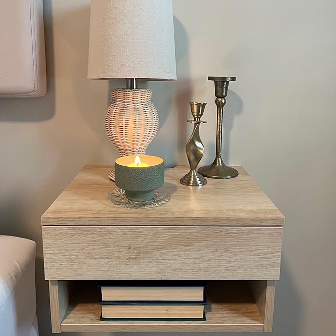 Nathan James Jackson Wall Mounted Floating Bedroom Nightstand with Storage Drawer and Modern Open Shelf Cubby Set of 2, Light Oak Wood