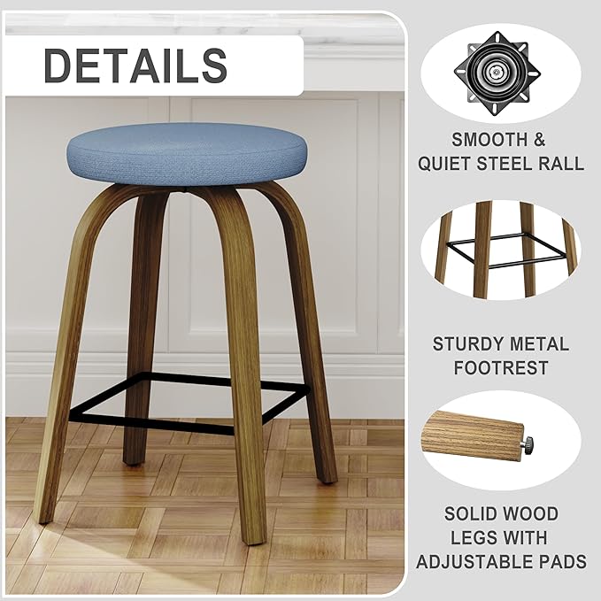 Bar Stools Set of 2, Counter Height Backless Bar Stools, 26" Swivel Barstools Kitchen Chair with Upholstered Fabric Seat, Blue