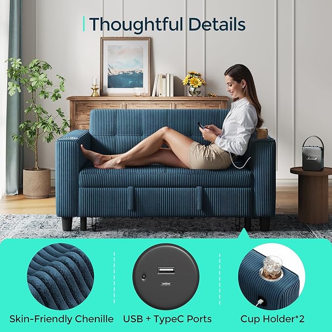 LINSY Sleeper Sofa Bed, 54" Pull Out Couch with Charging Station & Cup Holder, Small 3 in 1 Convertible Loveseat Sleeper Couch for Apartment, Dorm Room, Bedroom and Small Space, Corduroy Blue