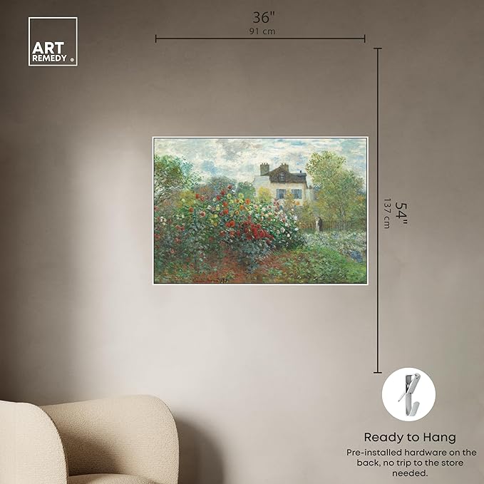 Art Remedy Monet-Garden With Dahlias Impressionism Classic Landscape Paintings Canvas Wall Art, White Floater Frame, 36"x54"