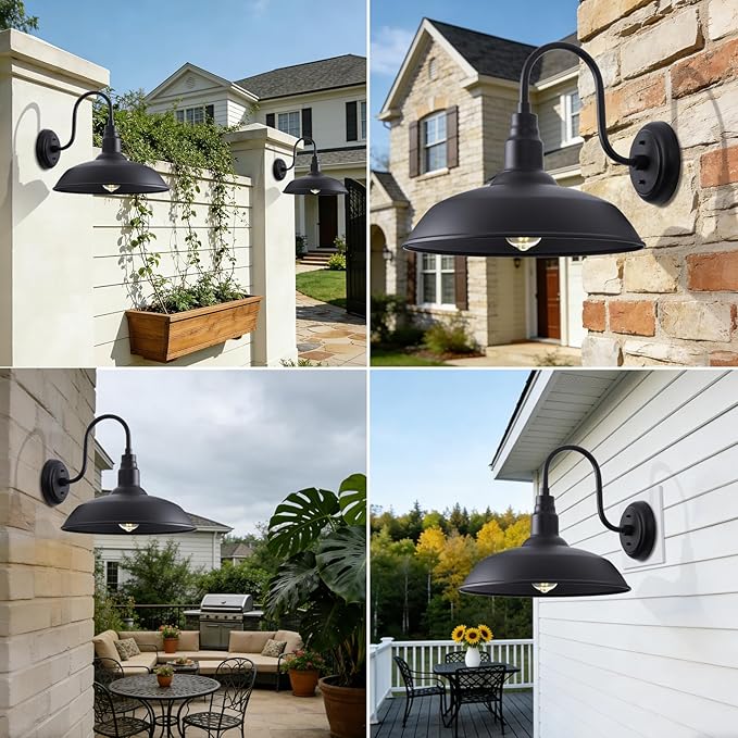 16 Inch Gooseneck Light Fixture for Barn Door, 2 Pack Large Barn Lights for Front Porch, Black Outdoor Farmhouse Light with Goose Neck Arm, Exterior Wall Dome Lighting for House Garage
