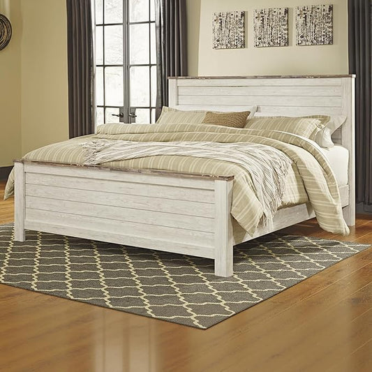 Signature Design by Ashley Willowton Casual King Panel Bed with Metal Slats, Foundation or Box Spring Needed, Whitewash