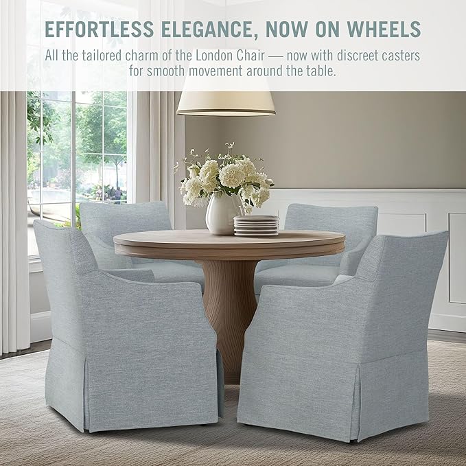 Martha Stewart London Upholstered Skirted Dining Arm Chair with Casters – Curved Back, Removable Seat Cushion, for Dining Room, Home Office, or Living Space, Light Blue
