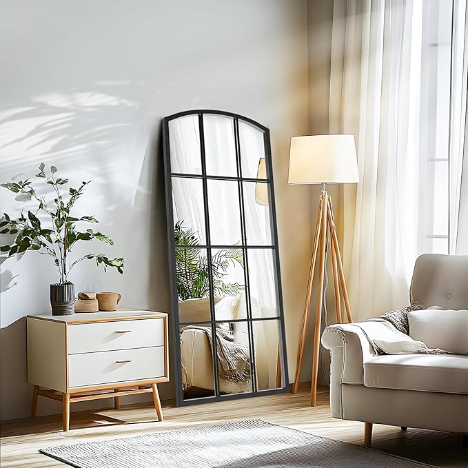 Arched Window Mirror, Arch Windowpane Mirror, Matte Black Window Pane Mirrors, Grid Frame Decorative Wall Mirrors for Living Room, Entryway, 24"x 48"