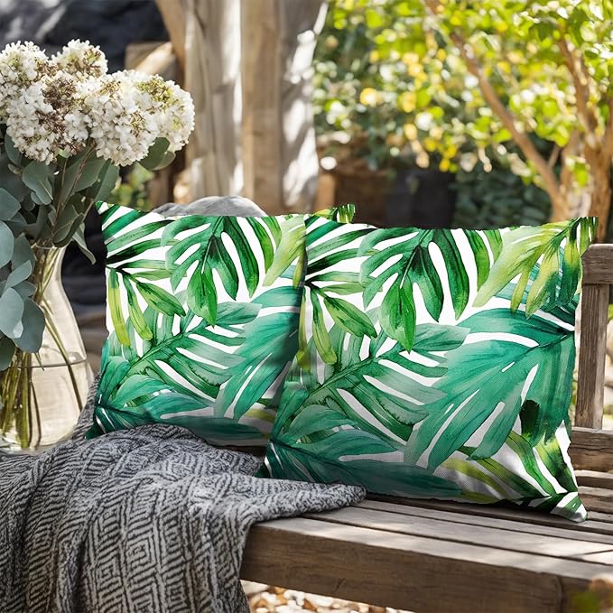 Green Tropical Leaves Outdoor Throw Pillow Covers Summer Palm Leaf Pillow Covers 24x24 Set of 2 Monstera Plant Pillow Cases Modern Farmhouse Cotton Linen Cushion Cover for Couch Sofa