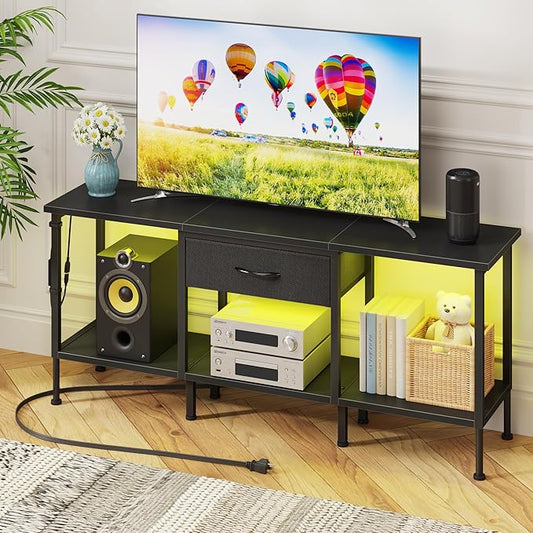 GYIIYUO LED TV Stand with Power Outlet and Fabric Drawer for 55 50 45 Inches TV - Entertainment Center and Industrial TV Console Table for Living Room, Bedroom- 47" Black