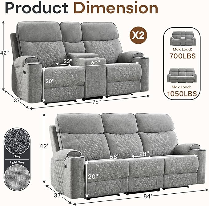 HAOMARKETS 3-Piece Power Recliner Sofa Set with Charging Port, Include 2 2-Seater Loveseat Reclining Couches with Hidden Storage and Cup Holders and 3-Seater Recliner Couch for Living Room, Light Grey