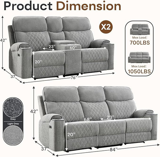 HAOMARKETS 3-Piece Power Recliner Sofa Set with Charging Port, Include 2 2-Seater Loveseat Reclining Couches with Hidden Storage and Cup Holders and 3-Seater Recliner Couch for Living Room, Light Grey