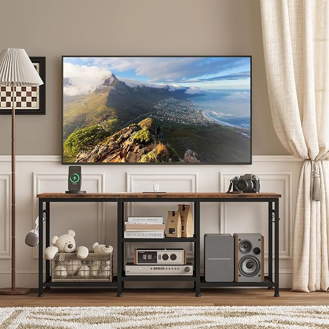 YGEOMER Entertainment Center for 55 50 45 43 40 32 Inch TVs, TV Stand with Power Outlet and Open Storage Shelves, TV Media Console Table for Living Room and Bedroom, Rustic Brown