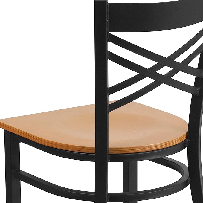 Flash Furniture HERCULES Series Black ''X'' Back Metal Restaurant Chair - Natural Wood Seat