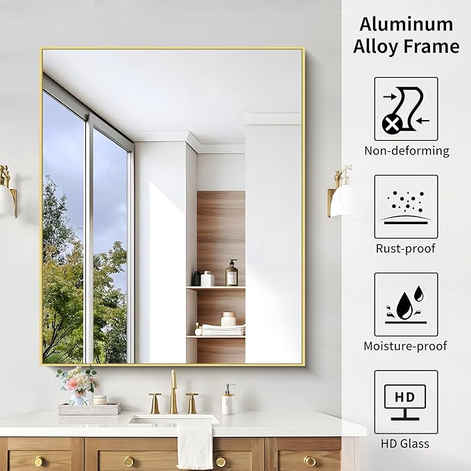 KOCUUY Large Gold Bathroom Mirror, 48x40 Inch Rectangular Mirror for Bathroom Sink, Oversized Wall Mirror with Metal Gold Frame for Living Room, Farmhouse, Entryway, Hang Horizontal/Vertical