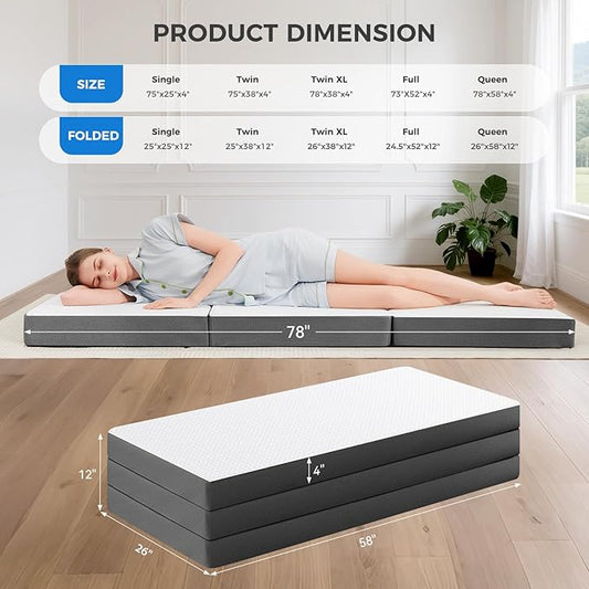 MASVIS Trifold Mattress, 4 Inch Memory Foam Foldable Mattress with Washable Cover, Tri-Folding Floor Bed for Camping, Queen