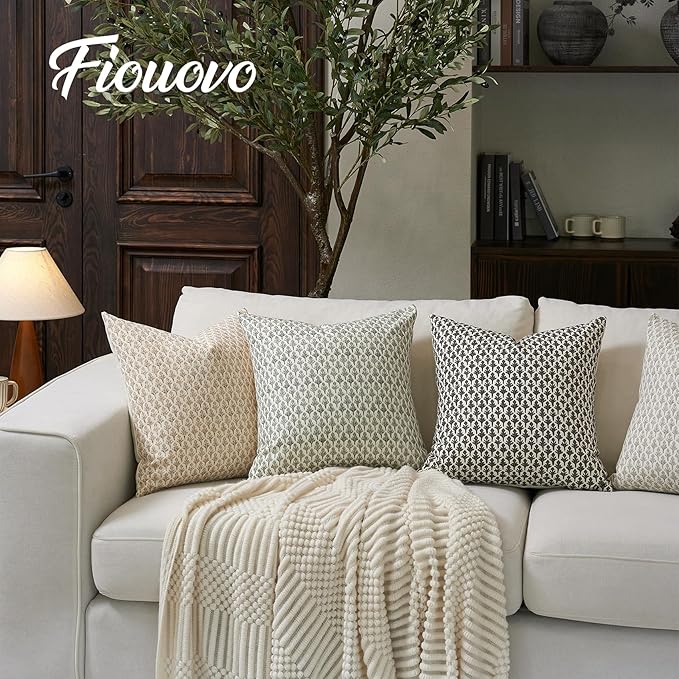 FIOUOVO Floral Pillow Covers 18x18 Pillow Cover Block Print Couch Pillows for Living Room Decorative Neutral Accent Throw Pillow Covers, 1PC, Olive Green