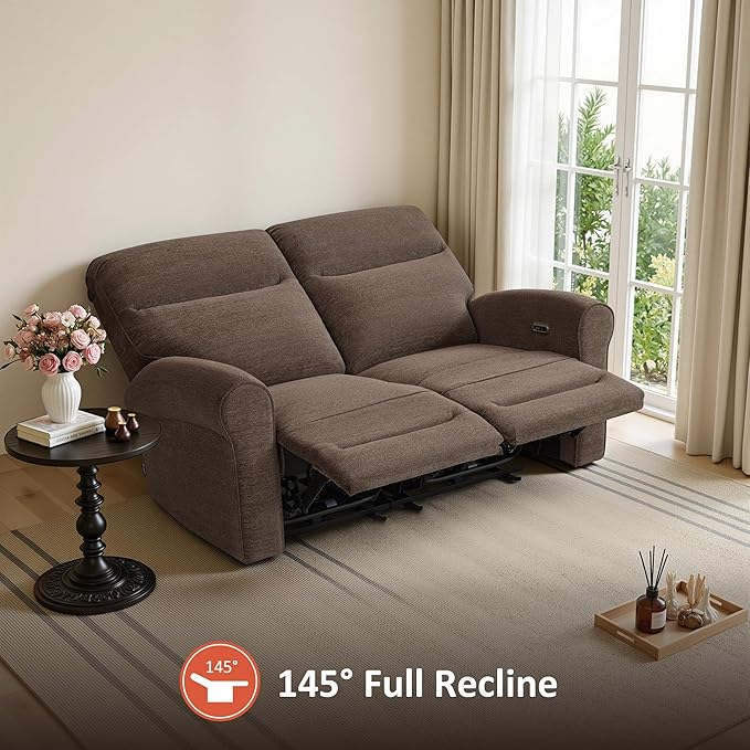 MCombo 64.6" Wall Hugger Power Loveseat Recliner Sofa with USB Ports, Reclining Loveseat for Small Spaces Living Room RV, Fabric PR635M1 (Dark Brown)