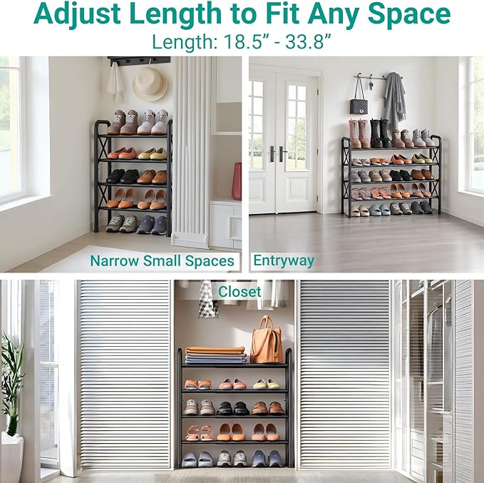 4-Tier Expandable Shoe Rack for Closet Floor, X-Frame Metal Small Shoe Rack for Entryway, Adjustable Shoe Shelf Organizer, Free Standing Shoe Racks for Front Door Entrance, Garage - Black