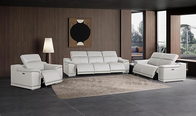 BlackJack Furniture Venice Top Grain Italian Leather 6 Power Recliner Seaters 3 Piece Sofa Set with Adjustable Headrests Modern Seating Sofa, Loveseat and Chair for Living Room Lounge, Light Grey