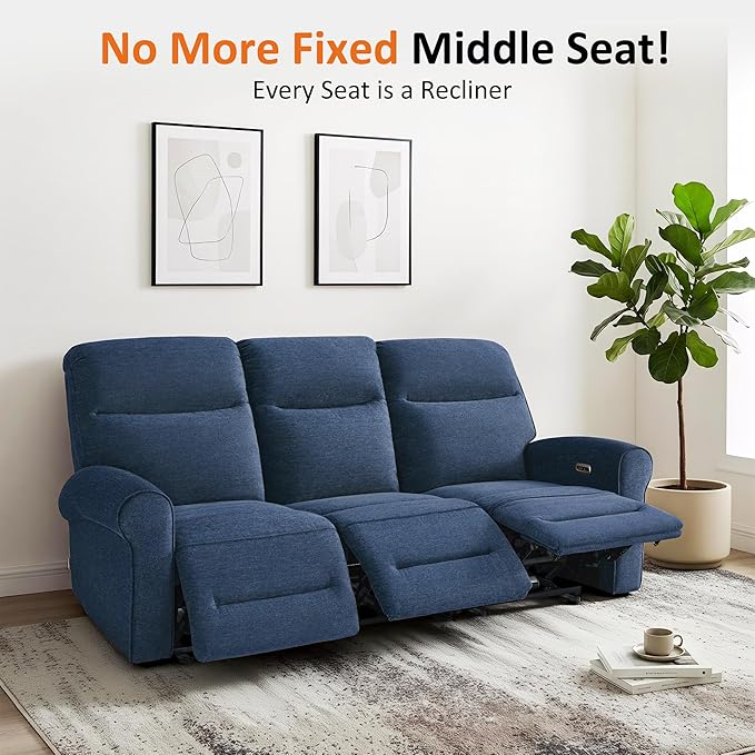 MCombo 87.8" Wall Hugger Power Reclining Sofa, 3-Seat Triple Recliner Couch with USB Ports, Rolled Arm Space Saving Recliner Sofa for Living Rooms Apartments RV, Fabric PR635M5 (Navy Blue) | 1.4" Wall Clearance