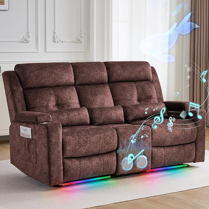 RV Power Loveseat Recliner Sofa with Console|RV Reclining Loveseat with Bluetooth Speaker & LED Light | RV Wall Hugger Double Recliner Loveseat Sofa 3 Pillows (Velvet Brown) | LED Light, Electric Tilt, Hidden Storage, Comfy Velvet