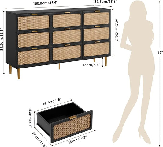 GarveeHome Rattan 9 Drawer Dressers for Bedroom, Tall Dresser with Deep Drawers, Large Chest of Drawers for Closet with Wide Top, Long Wooden Dresser for Living Room, Hallway, Kids Room, Black