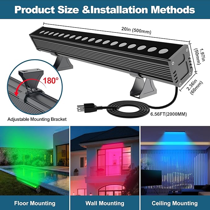 Smart Outdoor RGBCW Stage LED Light Bar 20″, Color Changing Wall Washer with App & Remote Control, 2700K–6500K Tunable White Floodlight, IP65 RGB Stage/Porch Lights for House, Music Sync,