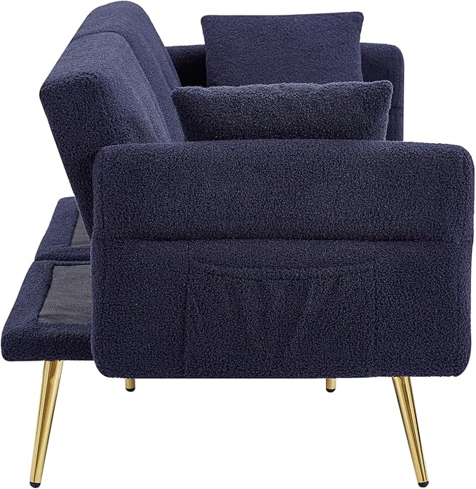 Eafurn Teddy Futon Sofa Bed Modern Folding Futon Set Convertible Recliner Lounge Sleeper Couch with Adjustable Armrest and Backrest for Living Room Apartment | Golden Legs, Wood Frame, Side Pockets