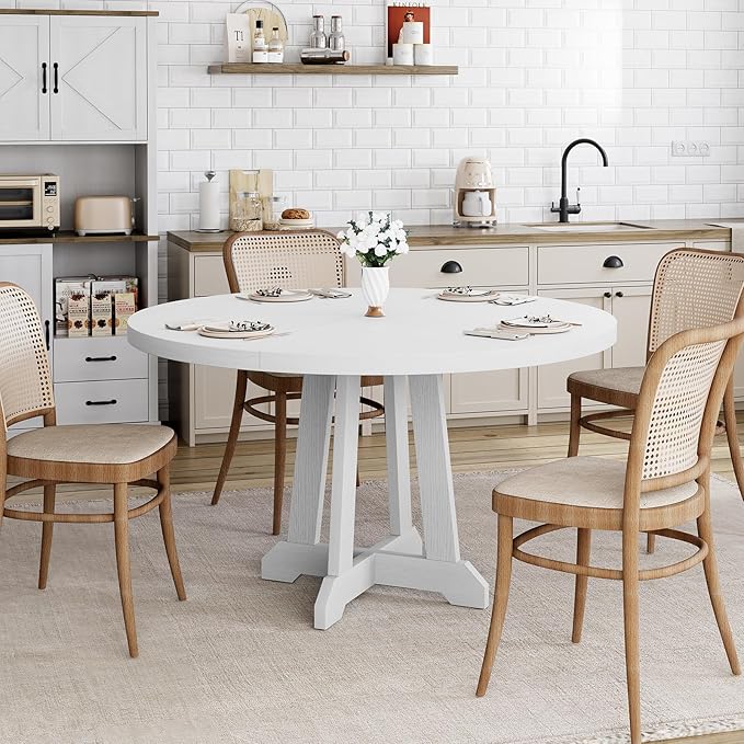 IDEALHOUSE Round Dining Table for 4, 47 Inches Dining Room Table with Wooden Base, Kitchen Table with Circle Tabletop, Dinner Table for Dining Room, Kitchen, Living Room, White