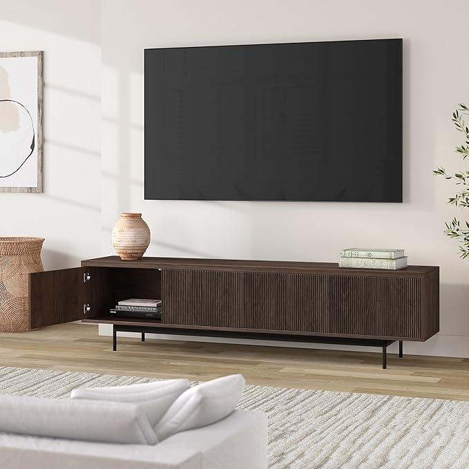 Henn&Hart Fluted TV Stand for TVs up to 85" with 2 Open-Concept Ribbed Storage Cabinets for Living Room, Family Room, or Office, Warm Brown