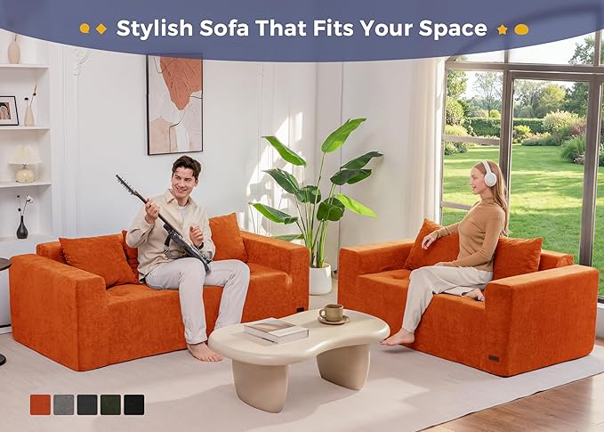 MAXYOYO Modular Sofa Couch, 61" Loveseat Boneless Cloud Couch with Deep Seat, Chenille Upholstered Living Room Sleeper Sofa Chair for Living Room, No Assembly Required, Orange