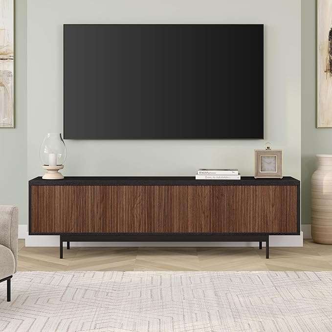 Henn&Hart Fluted TV Stand for TVs up to 75" with 2 Open-Concept Ribbed Storage Cabinets for Living Room, Family Room, or Office, Natural/Medium Walnut