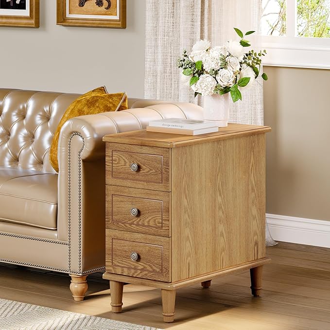 LITTLE TREE Fully Assembled End Table, Narrow Bedside Table with 3 Drawers, Vintage Nightstand for Small Spaces, Living Room, Bedroom, Natural Color