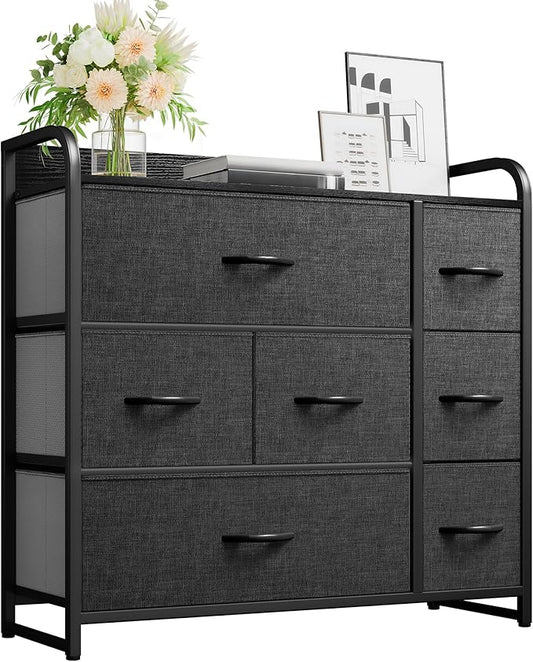 YITAHOME Fabric Dresser with 7 Drawers - Storage Tower with Large Capacity, Organizer Unit for Living Room - Sturdy Steel Frame, Easy Pull Fabric Bins & Wooden Top (Black/Grey)