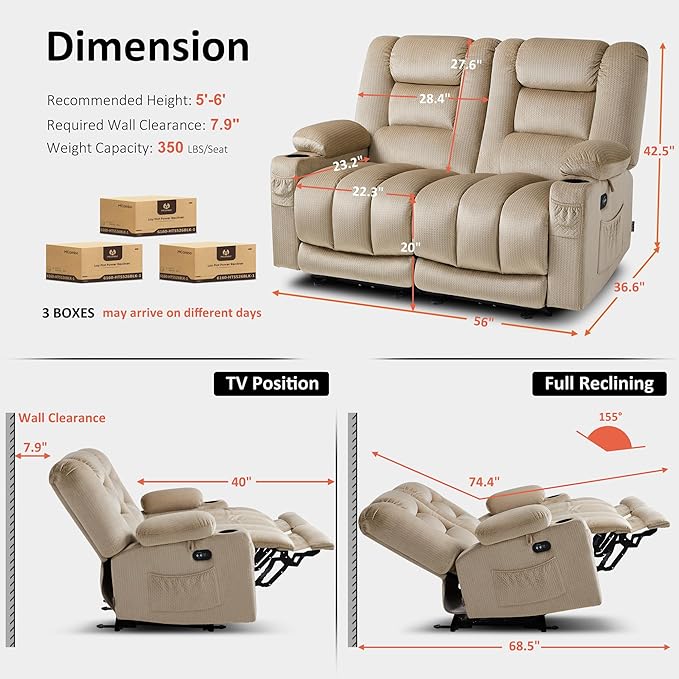 MCombo 55.9" Zero Gravity Power Loveseat Recliner with Heat and Vibration Massage, Reclining Loveseat Sofa with USB Ports, Cup Holders for Living Room, Fabric PR648SET (Beige)