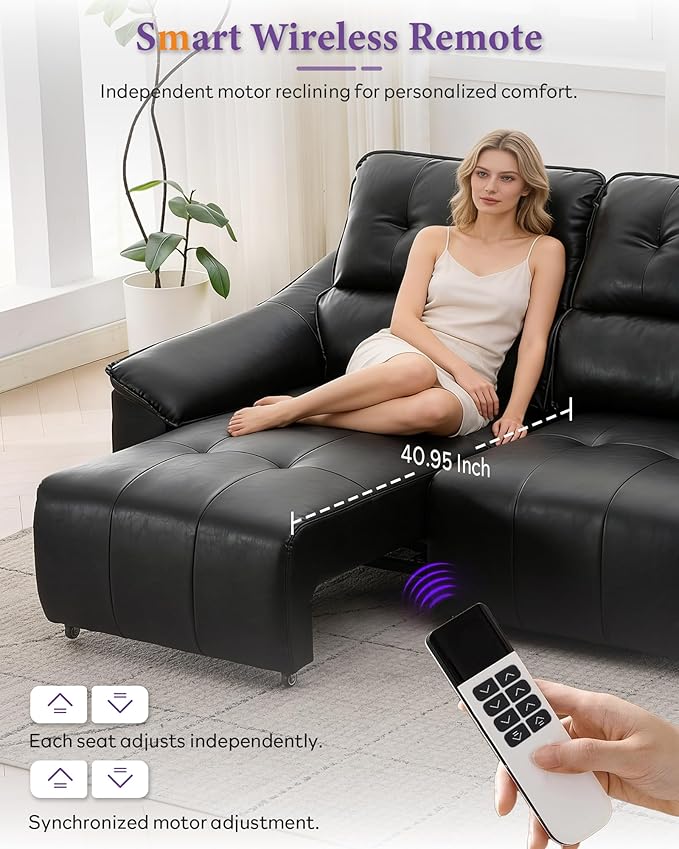 TYBOATLE Electric Reclining Sectional Couch, Power Recliner Sofa w/USB & Type-C Charging Ports and Cup Holders, Leather Reclining Sofa for Living Room, Home Theater