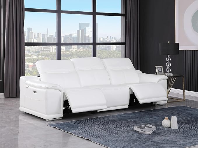 BlackJack Furniture Venice Top Grain Italian Leather Dual Power Recliner Sofa - 107" Theater Seating Modern Couch for Living Room Apartment Lounge Home with Adjustable Headrests & USB Port, White