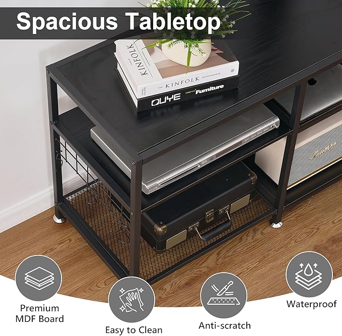 VECELO TV Stand with Mount and Power Outlet, Height Adjustable Entertainment Center with Storage Shelves for 32/55/65/70/75 inches Televisions, Console Table for Living Room, Bedroom, Matte Black