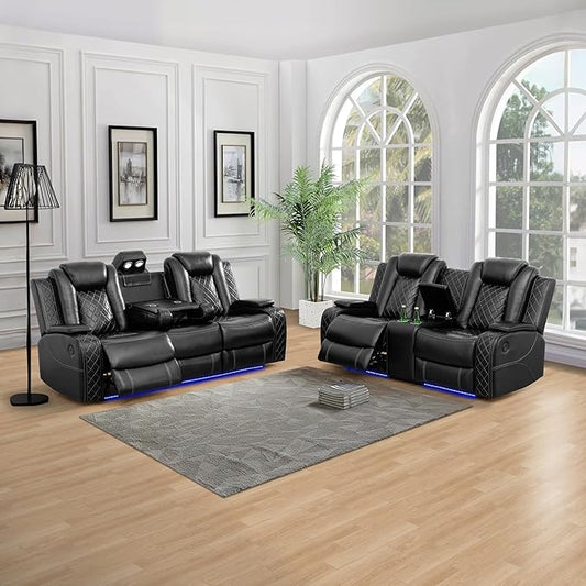 Breathing Leather Power Recliner Sofa Set, 2 Piece Leather Couch and Loveseat Set, Living Room Furniture Set with Storage Console/LED Lighting (Black, Sofa+Loveseat)