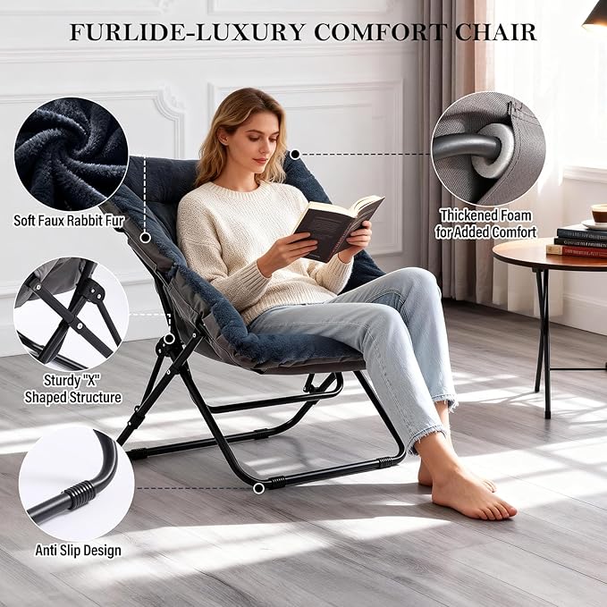 Saucer Chair, Comfy Doorm Chairs, Oversized Folding Faux Fur Chair, Foldable Metal Frame Chair, for Bedroom, Living Room, Balcony, Study, Playroom (Navy Blue)