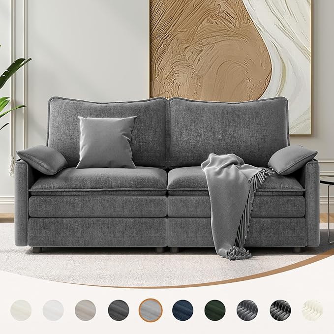 Vesgantti 74" Loveseat Sofa for Living Room, Comfy Cloud Couch Deep Seat Chenille Modern 2 Seater Small Sofa with Armrest Pillow, Easy Assembly for Small Spaces, Gray | Sink-in Comfort, Height Adjustable, Easy Rearrangement, Extra-deep Ottoman, Solid W...
