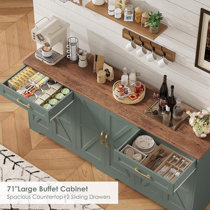 71” Large Sideboard Buffet Cabinet with Storage, Farmhouse Kitchen Buffet Cabinet with Adjustable Shelves and 6 Barn Doors, Wood Coffee Wine Bar Console Table for Kitchen, Dining Room, Green