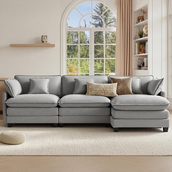 KISLOT 122" Oversized Modular Sectional Sofa,L-Shaped Cloud Couch with Movable Ottoman,Thick Cushions,4 Deep Seats with 5 Throw Pillows Sofa Couch Set for Living Room, Bedroom | Wood Frame