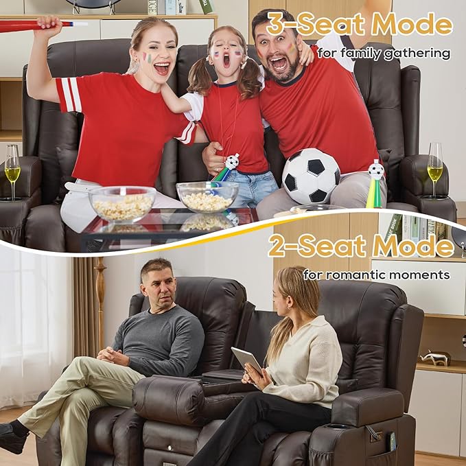 IPKIG Power Recliner Sofa with Flip-Up Backrest Console, USB & USB-C Ports, AC Outlet, LED Lights, Wall Hugger Recliners for Living Room, RV (Brown, 67" - 3 Seat) | Faux Leather, Zero Gravity, Dual Reclining, 2 Lumabr Pillow, Bluetooth Speakers